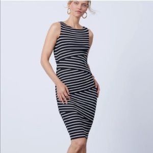 Calvin Klein Dress  - Black & White striped, sleeveless & fitted midi.